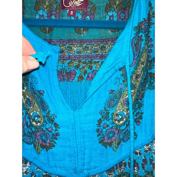 NWOT TURQUOISE SLEEVELESS BLOCK PRINT HIPPIE BOHO MAXI DRESS COTTON GAUZE - Picture 8 of 11